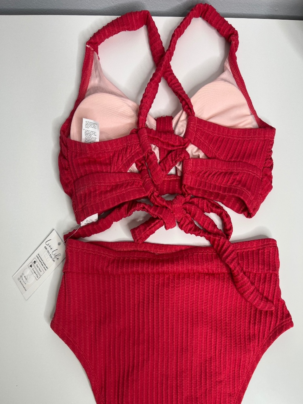 NWT Cupshe Raspberry Pink Ribbed DD+ High Waisted Bikini Set S-DD / Small - Picture 4 of 7